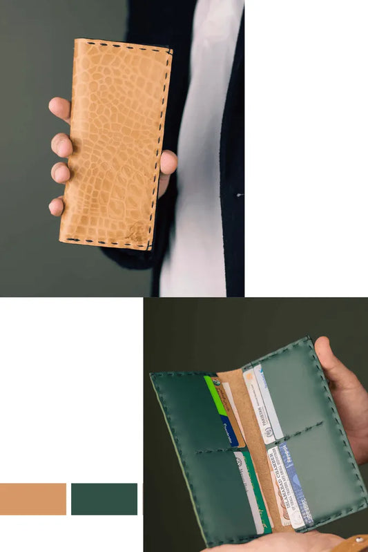 The Volonté – Veg-Tan Croc Leather Long Wallet (Green Inside)
