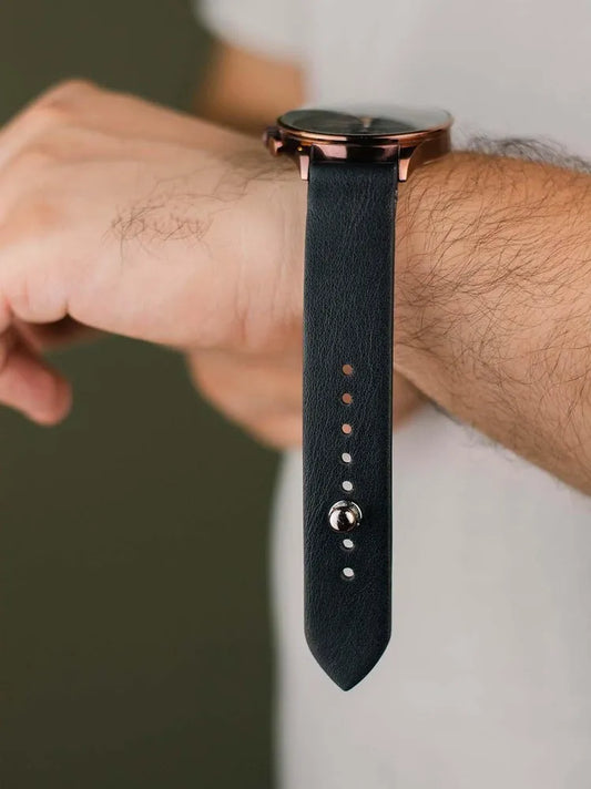 Black Leather Watch Strap - Quick Release Pins - The Hermoso