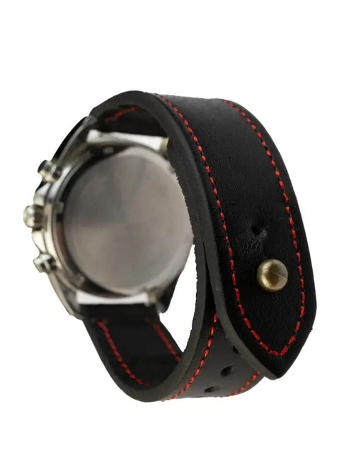 Black/Red Leather Watch Strap - Quick Release Pins - The Stellar