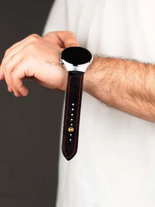 Black/Red Leather Watch Strap - Quick Release Pins - The Stellar