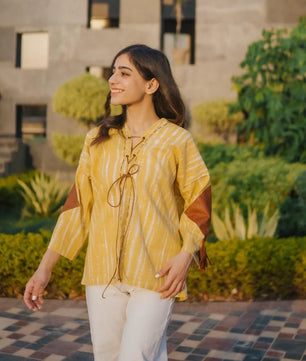 Lemon Yellow Handmade Cardigan with Brown Leather Accents