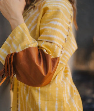 Lemon Yellow Handmade Cardigan with Brown Leather Accents