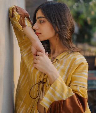 Lemon Yellow Handmade Cardigan with Brown Leather Accents