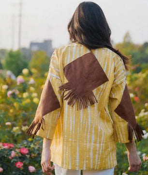 Lemon Yellow Handmade Cardigan with Brown Leather Accents