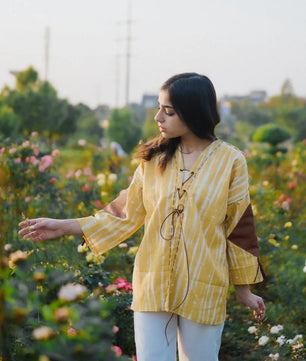 Lemon Yellow Handmade Cardigan with Brown Leather Accents