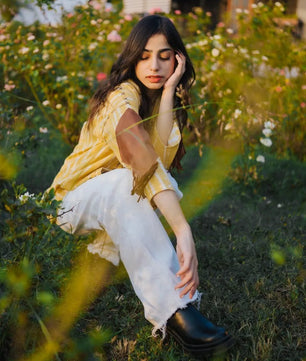 Lemon Yellow Handmade Cardigan with Brown Leather Accents