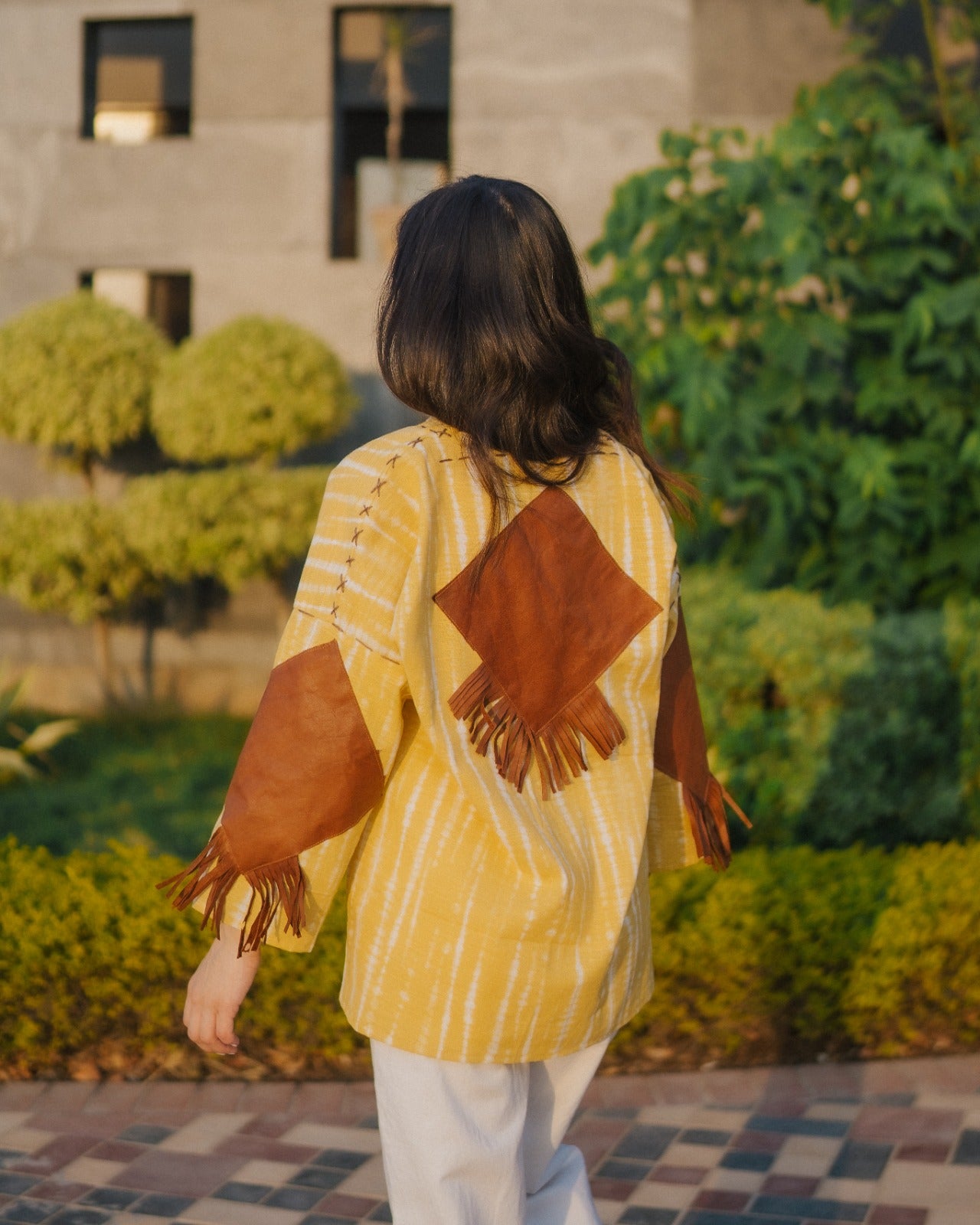 Lemon Yellow Handmade Cardigan with Brown Leather Accents
