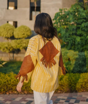 Lemon Yellow Handmade Cardigan with Brown Leather Accents