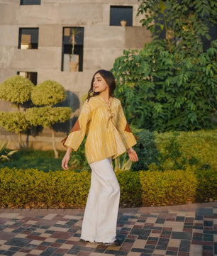 Lemon Yellow Handmade Cardigan with Brown Leather Accents