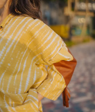Lemon Yellow Handmade Cardigan with Brown Leather Accents