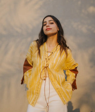 Lemon Yellow Handmade Cardigan with Brown Leather Accents