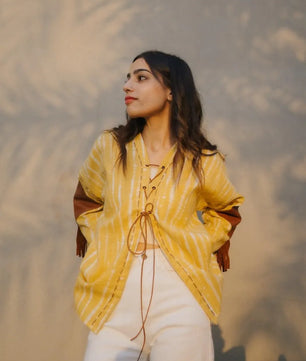 Lemon Yellow Handmade Cardigan with Brown Leather Accents