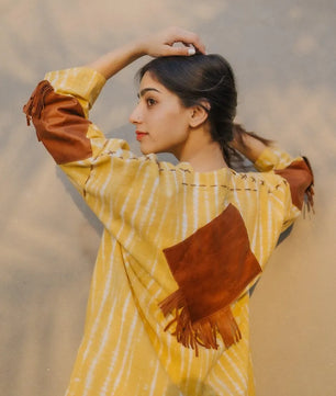 Lemon Yellow Handmade Cardigan with Brown Leather Accents