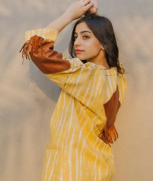 Lemon Yellow Handmade Cardigan with Brown Leather Accents