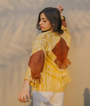 Lemon Yellow Handmade Cardigan with Brown Leather Accents