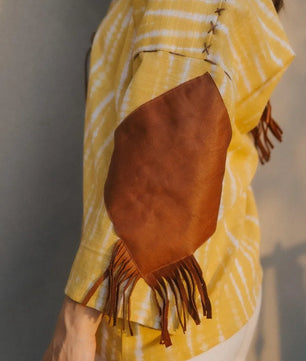 Lemon Yellow Handmade Cardigan with Brown Leather Accents