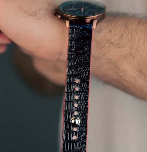 Black Veg-Tan Lizard Leather Watch Strap - Quick Release Pins - The Hermoso