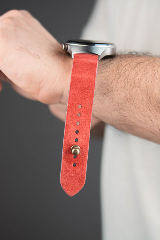 Salmon Red Suede Leather Watch Strap - The Hermoso