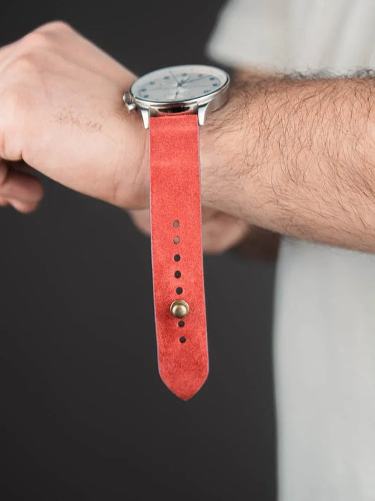 Salmon Red Suede Leather Watch Strap - Quick Release Pins - The Hermoso