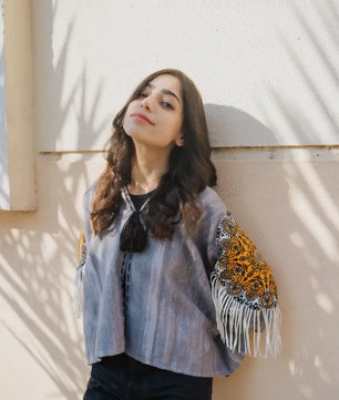 Gray Handmade Cardigan with Unique Motifs and Tassels