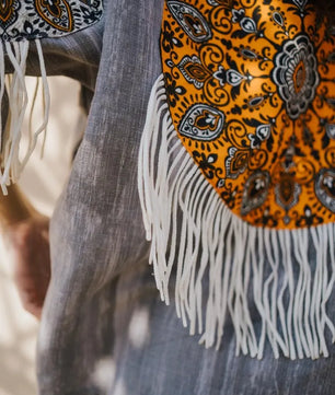 Gray Handmade Cardigan with Unique Motifs and Tassels