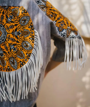 Gray Handmade Cardigan with Unique Motifs and Tassels