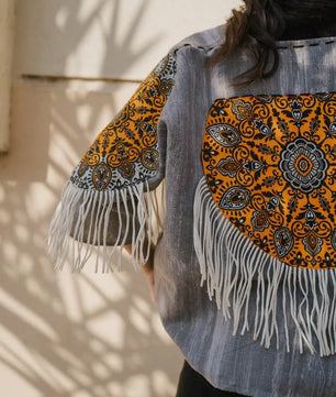Gray Handmade Cardigan with Unique Motifs and Tassels