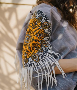 Gray Handmade Cardigan with Unique Motifs and Tassels