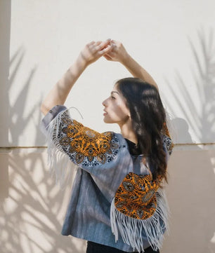 Gray Handmade Cardigan with Unique Motifs and Tassels