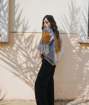 Gray Handmade Cardigan with Unique Motifs and Tassels