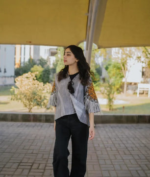 Gray Handmade Cardigan with Unique Motifs and Tassels