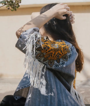 Gray Handmade Cardigan with Unique Motifs and Tassels