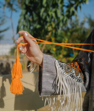 Gray Handmade Cardigan with Unique Motifs and Tassels