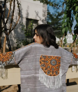 Gray Handmade Cardigan with Unique Motifs and Tassels