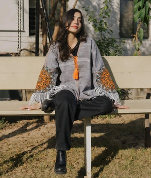 Gray Handmade Cardigan with Unique Motifs and Tassels