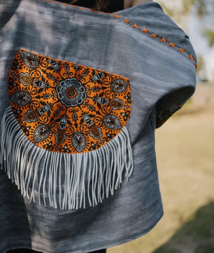 Gray Handmade Cardigan with Unique Motifs and Tassels