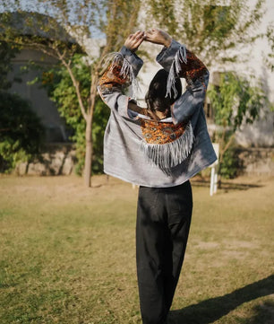 Gray Handmade Cardigan with Unique Motifs and Tassels