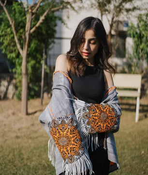 Gray Handmade Cardigan with Unique Motifs and Tassels