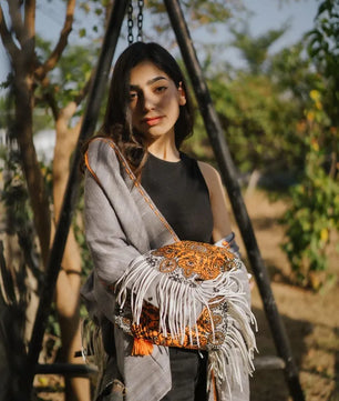 Gray Handmade Cardigan with Unique Motifs and Tassels