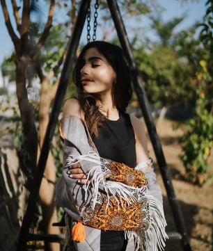 Gray Handmade Cardigan with Unique Motifs and Tassels