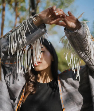 Gray Handmade Cardigan with Unique Motifs and Tassels