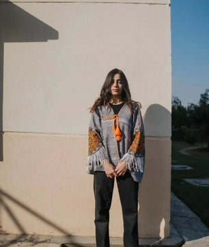 Gray Handmade Cardigan with Unique Motifs and Tassels