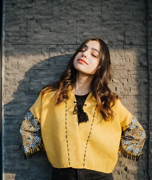 Yellow Handmade Cardigan with Unique Motifs and Tassels