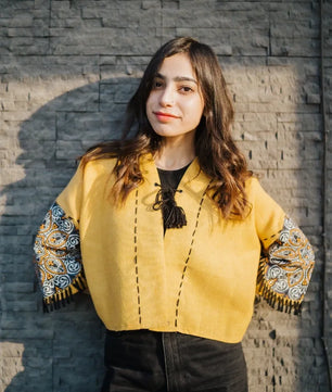 Yellow Handmade Cardigan with Unique Motifs and Tassels