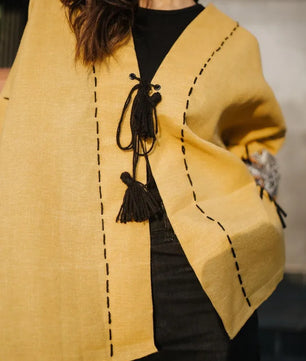 Yellow Handmade Cardigan with Unique Motifs and Tassels