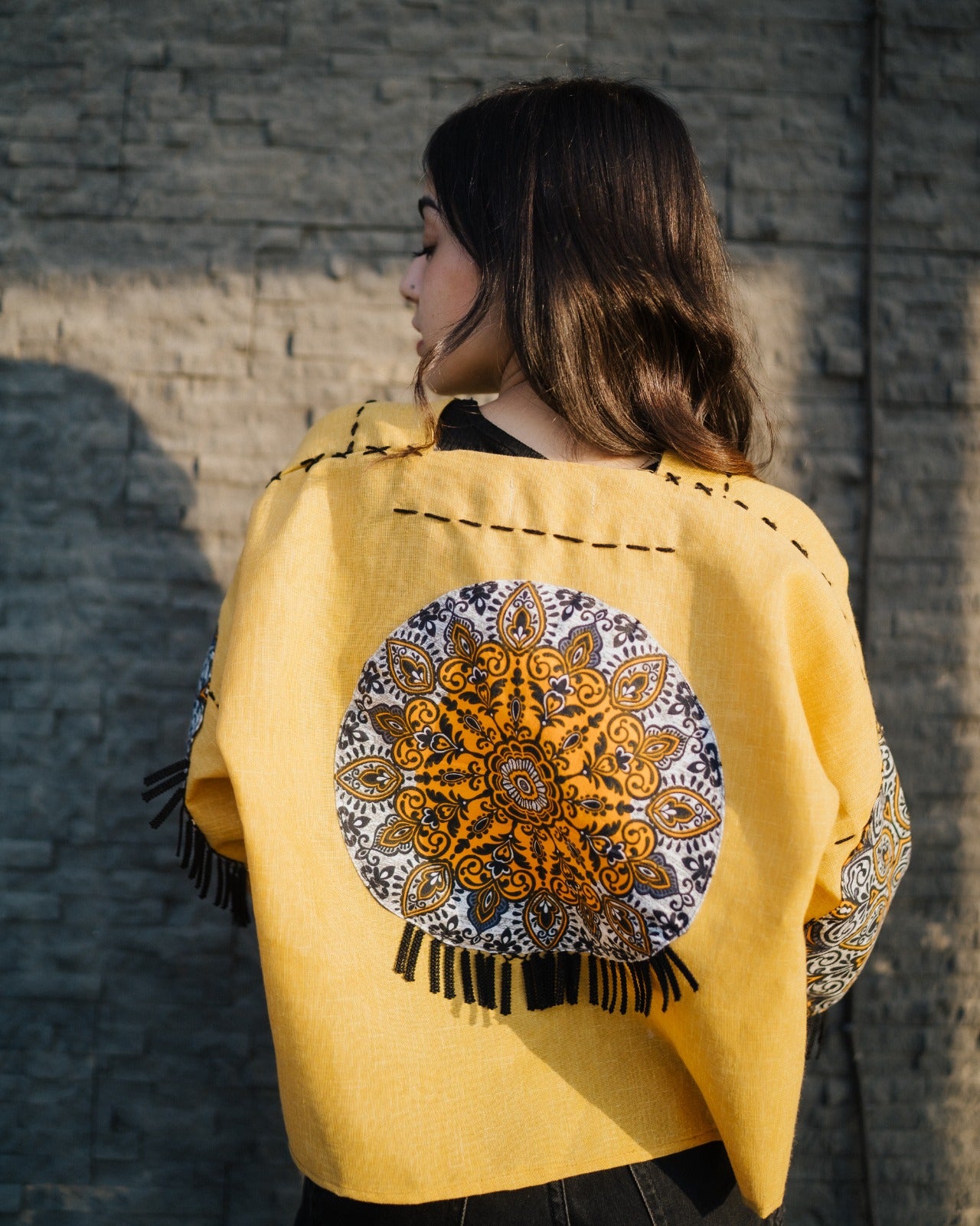 Yellow Handmade Cardigan with Unique Motifs and Tassels