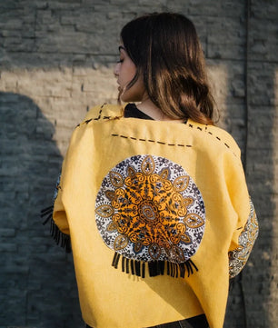 Yellow Handmade Cardigan with Unique Motifs and Tassels