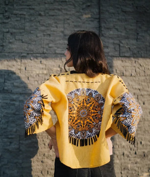 Yellow Handmade Cardigan with Unique Motifs and Tassels