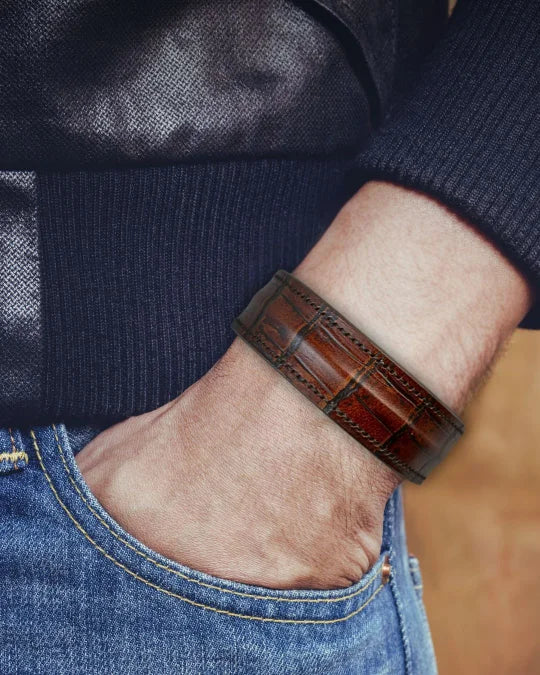 The Grit - Red Brown Croc - Kara Style Leather Bracelet / Leather Cuff