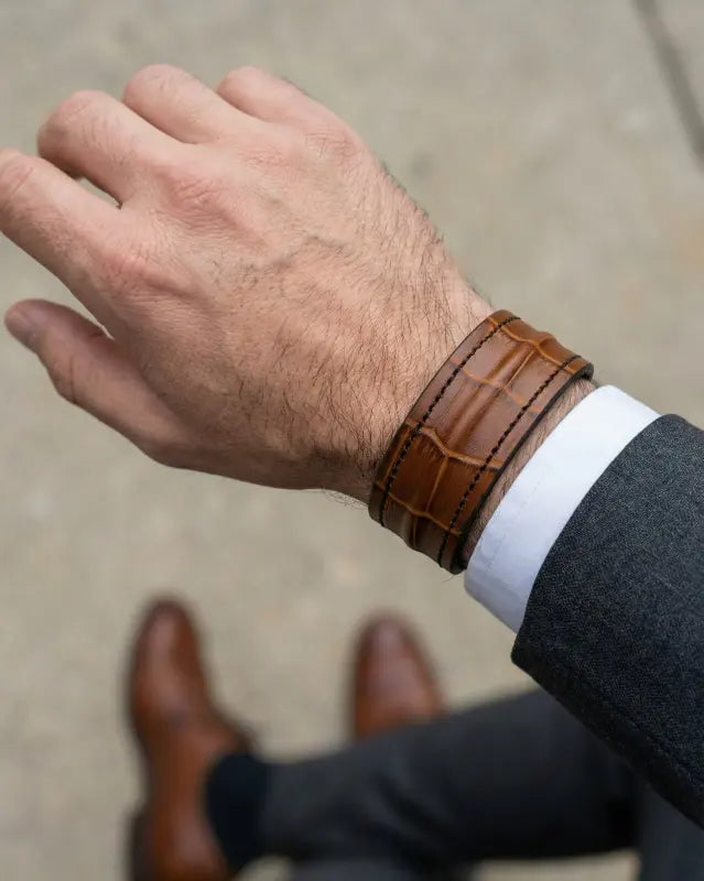 The Grit - Tan Brown Croc - Kara Style Leather Bracelet / Leather Cuff
